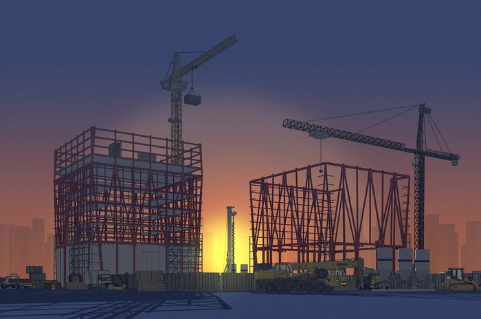 Construction site at sunset with cranes and building frames silhouetted against an orange sky, city skyline in the background.
