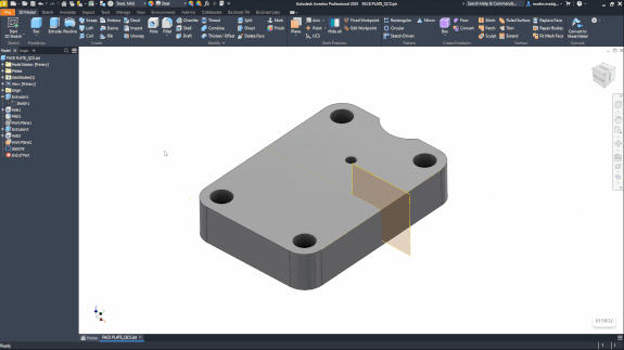 Rendering of a part in Inventor showing how the Quick Command Search may be used