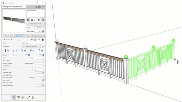 3D software interface showing a designed railing with middle panel details and configuration options on the left.