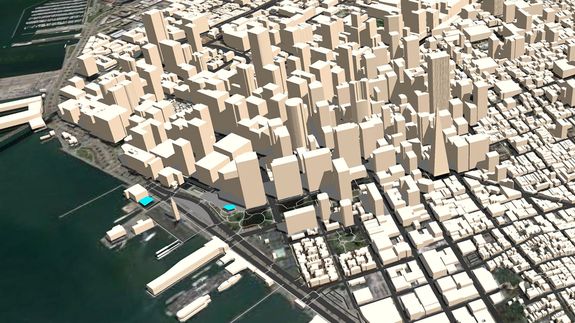 3D model of a dense city skyline with numerous beige buildings, roads, and a waterfront area with piers and green spaces.