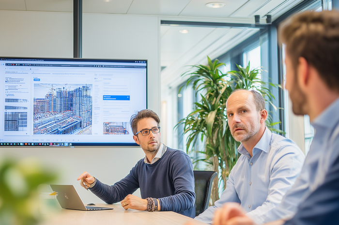 Drie mannen in een moderne kantoorvergadering, één wijst naar een website op een groot scherm