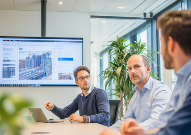 Three men in a modern office having a meeting. One points at a large screen displaying a website. Laptops and tablets are on the table.
