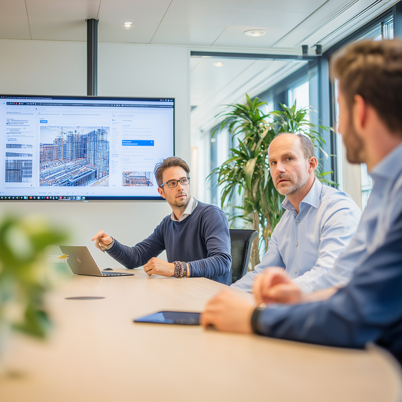 Three men in a modern office having a meeting. One points at a large screen displaying a website. Laptops and tablets are on the table.