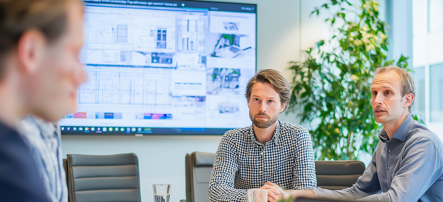 Vier personen bespreken bouwplannen op een groot scherm in een moderne vergaderruimte.