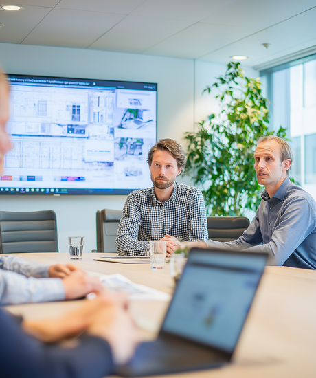 Vier personen bespreken bouwplannen op een groot scherm in een moderne vergaderruimte.