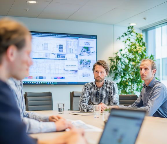 Vier personen bespreken bouwplannen op een groot scherm in een moderne vergaderruimte.