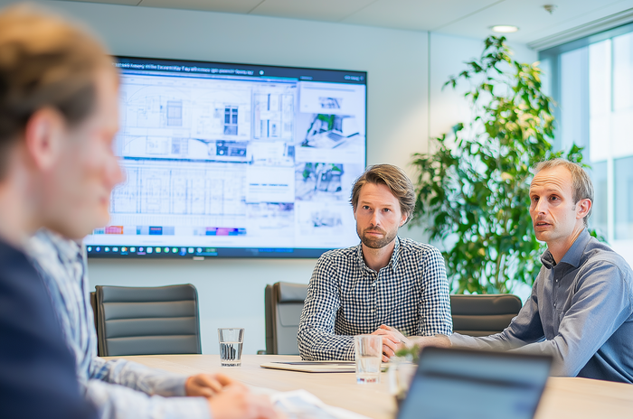 Vier personen bespreken bouwplannen op een groot scherm in een moderne vergaderruimte.