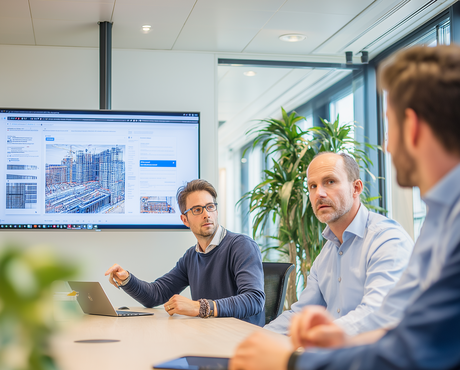 Trois hommes en réunion dans un bureau moderne, l’un pointe un site web sur grand écran.