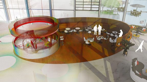 An architectural rendering of a modern cafe with seating arrangements, decorative plants, and silhouettes of people inside a building with large windows.