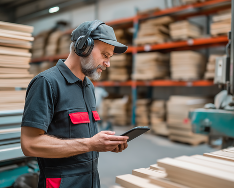 Employé avec casquette et casque utilisant une tablette dans un atelier de menuiserie avec des planches et machines.