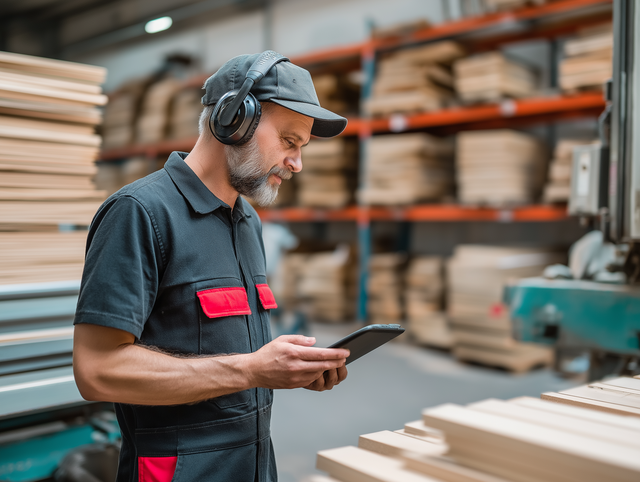 Employé avec casquette et casque utilisant une tablette dans un atelier de menuiserie avec des planches et machines.