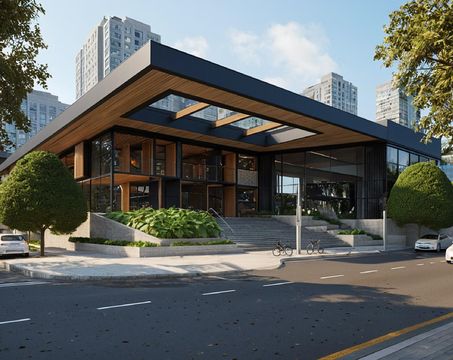 Modern building with large windows and a wooden facade, surrounded by trees and parked cars on a sunny day. Skyscrapers visible in the background.