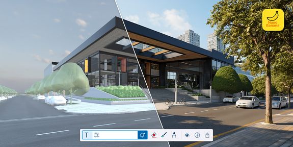 Split image showing a computer-generated urban scene on the left and its realistic rendering on the right, featuring a modern building.