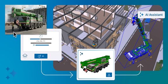 Diagram showing a green crane at a construction site integrated into a digital 3D model, with an AI assistant feature.