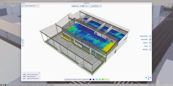 3D building model displaying daylight factor analysis with color gradient from blue to yellow representing light intensity levels.