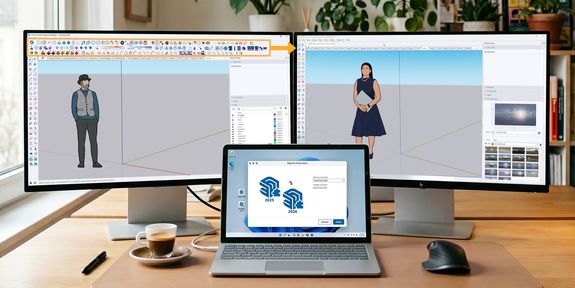 Dual monitors display 3D design software with male and female models. A laptop shows a version migration window. Coffee and a pen are on the desk.