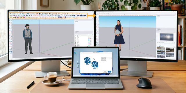Dual monitors display 3D design software with male and female models. A laptop shows a version migration window. Coffee and a pen are on the desk.