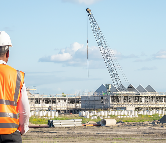 Construction manager observing a large site with a crane and new development in the distance