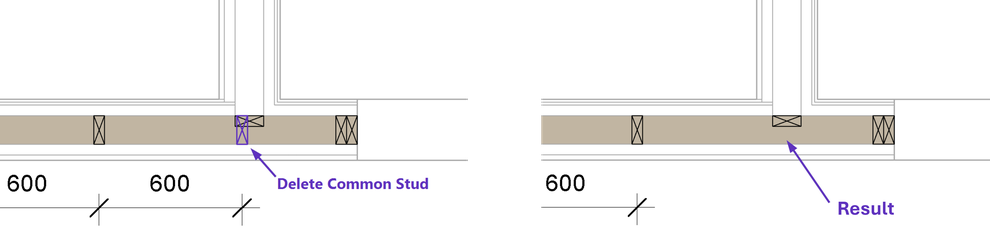 Using the command Delete Common Stud in a T-type wall connection