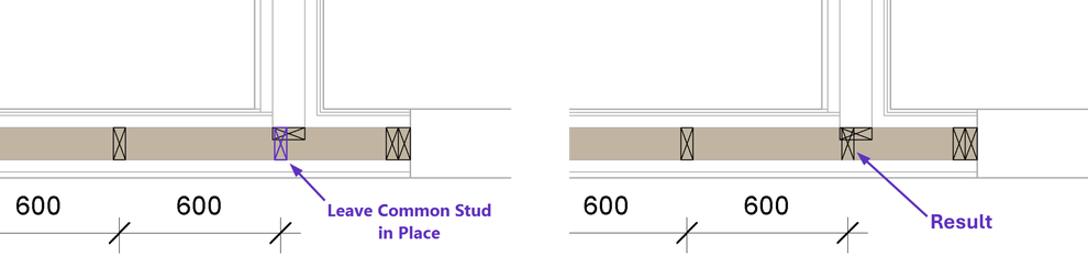 Using the command Leave Common Stud in Place in a T-type wall connection