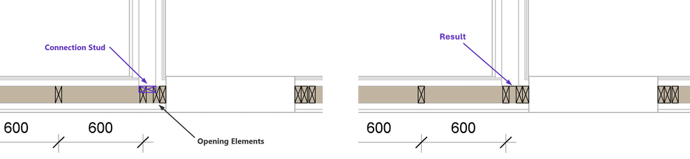 A connection stud is auto-deleted in a wall frame if it intersects with a stud of a framed opening.