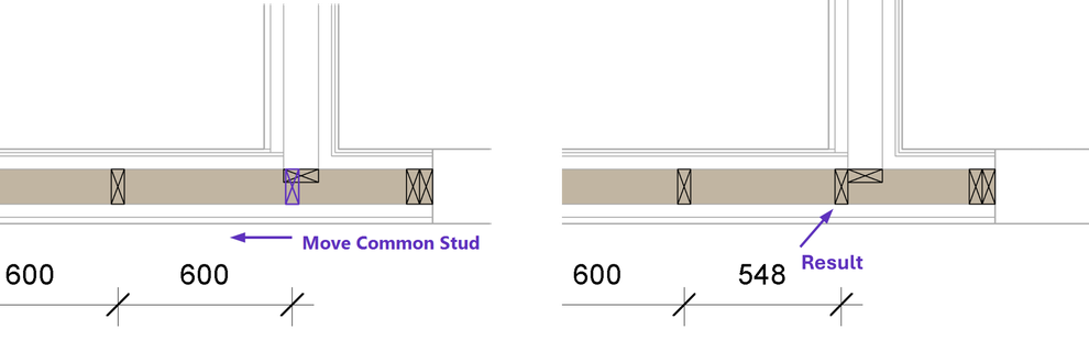 Using the command Move Common Stud in a T-type wall connection