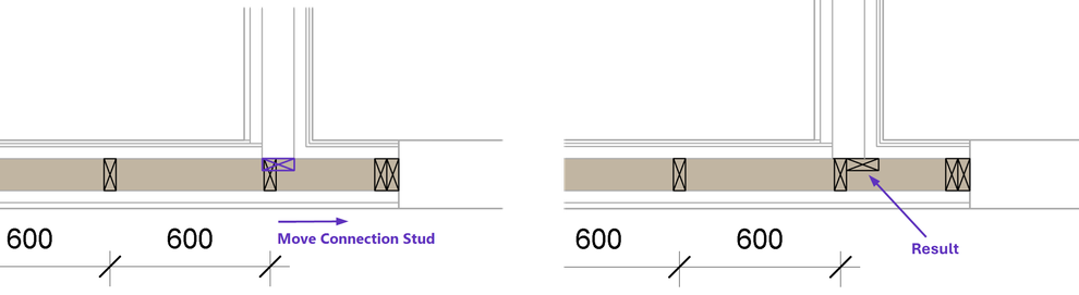 Using the command Move Connection Stud in a T-type wall connection