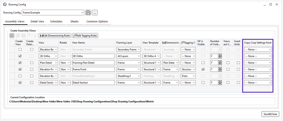 Options in the Drawing Configurations window of Wood/Metal Framing plugin for Revit