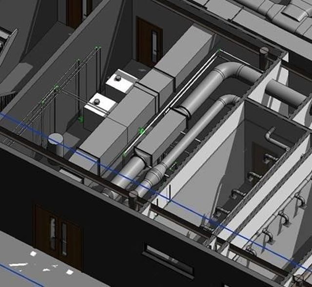 3D model of an HVAC system in a building, showing air ducts, units, and piping within a facility's utility space.
