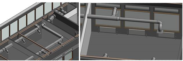 3D model of a room showing a ceiling with pipes and vents, highlighting detailed ventilation and structural elements.