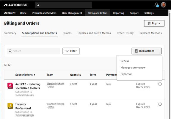 Autodesk billing page showing subscriptions for AutoCAD and Inventor, with expiry dates of December 5, 2025. Options for renewing and exporting.