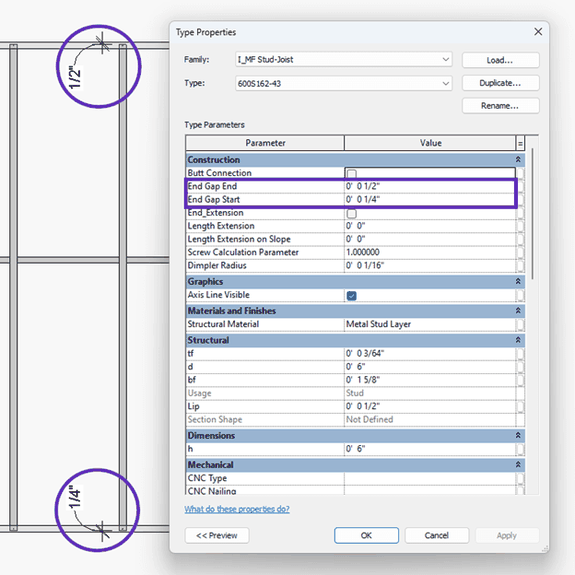 Two parameters control the stud tolerance gap in frames.