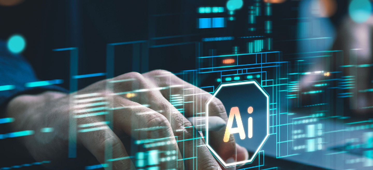 Hands interacting with digital interface on a tablet, featuring "AI" surrounded by futuristic holographic elements and data visuals.