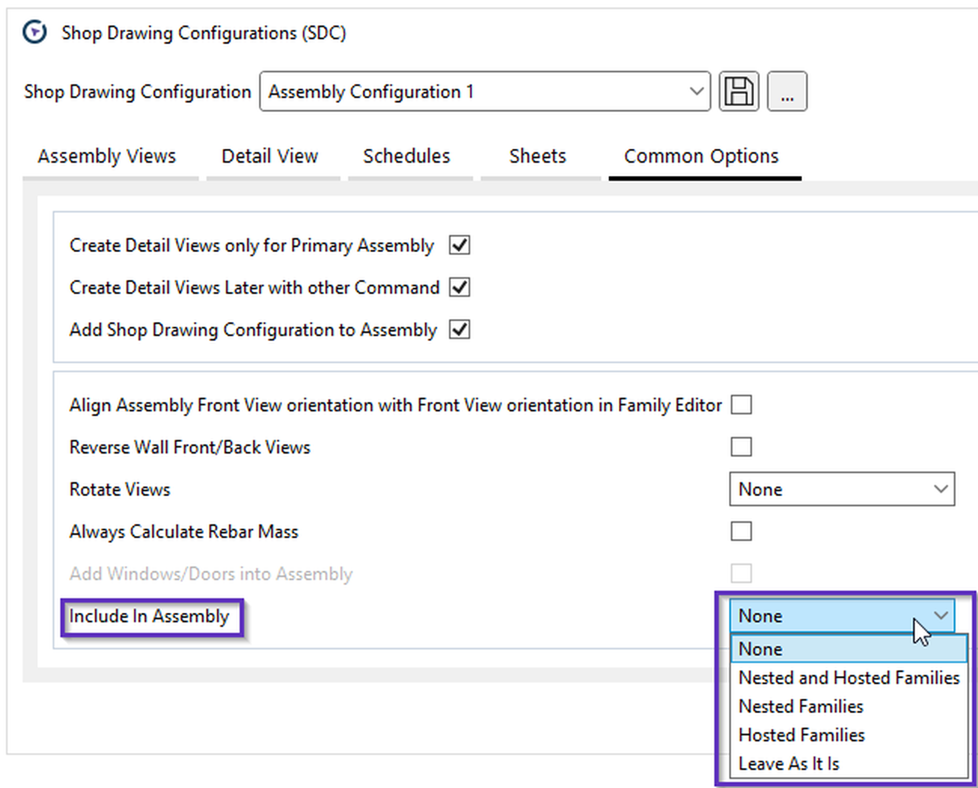 Software interface showing the shop drawing configurations window of Smart Documentation