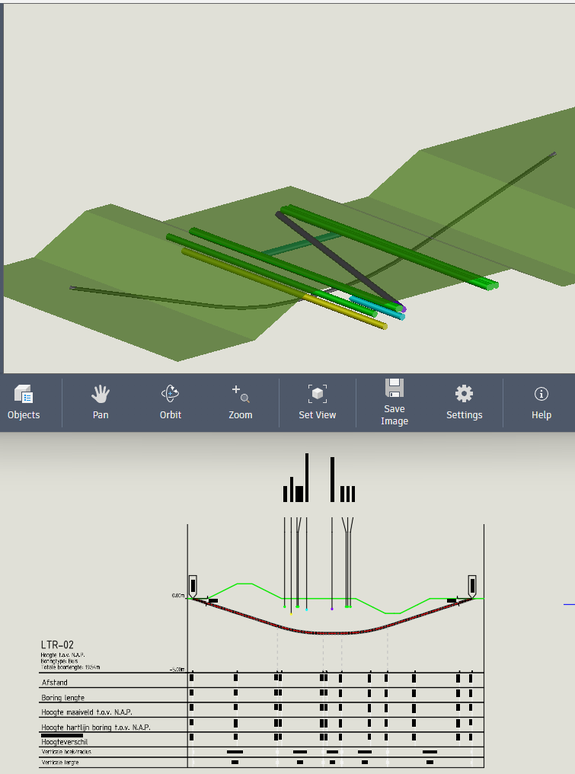 3D terrain model with several colored lines representing data paths, accompanied by a detailed chart with measurements and annotations below.