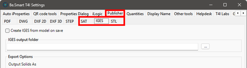 Software settings window with tabs for file formats; SAT, IGES, and STL are highlighted under the "Publisher" tab.