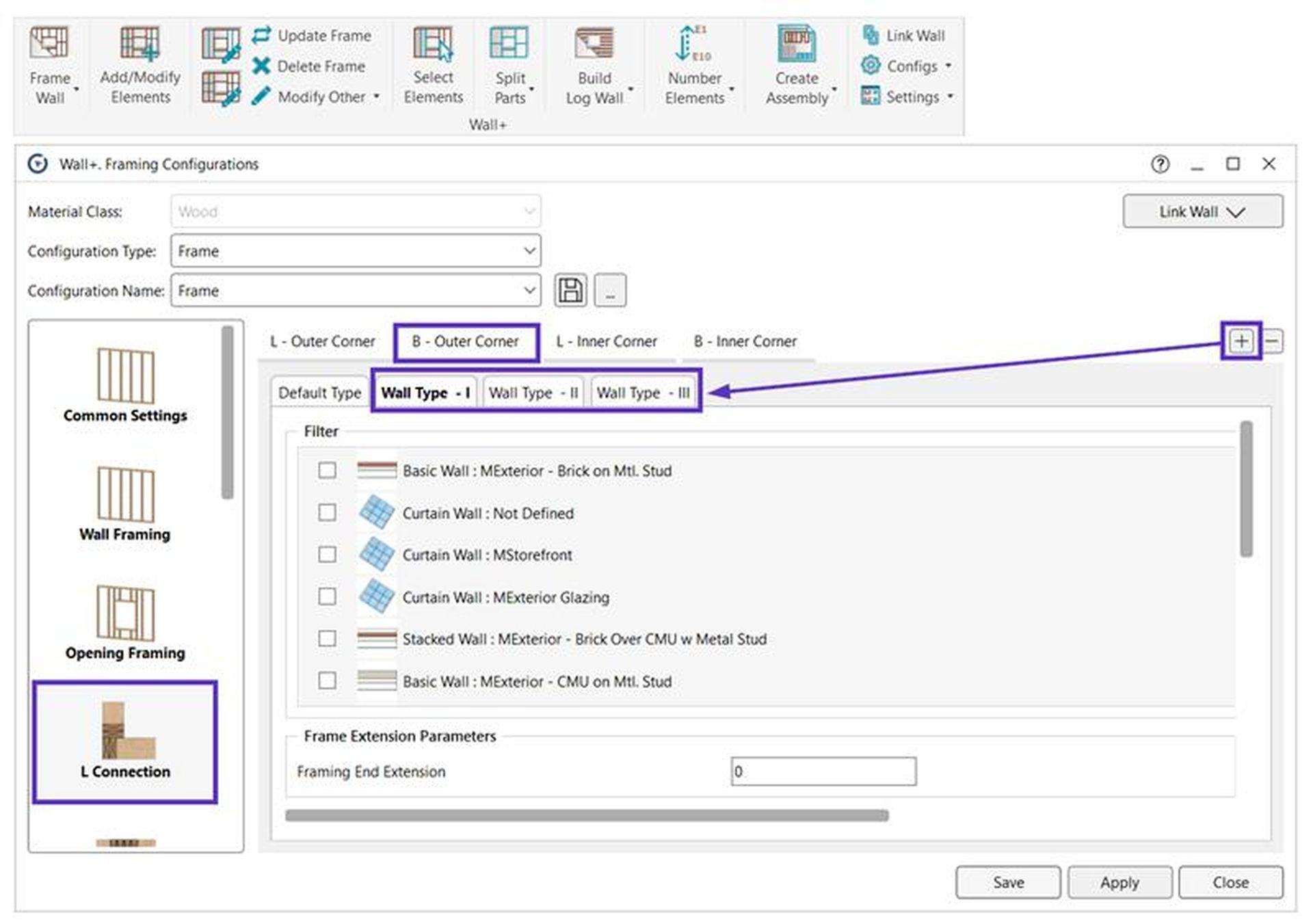 Wall framing configuration interface showing wood material, frame type selection, wall types I-III, and L Connection with options to apply settings.