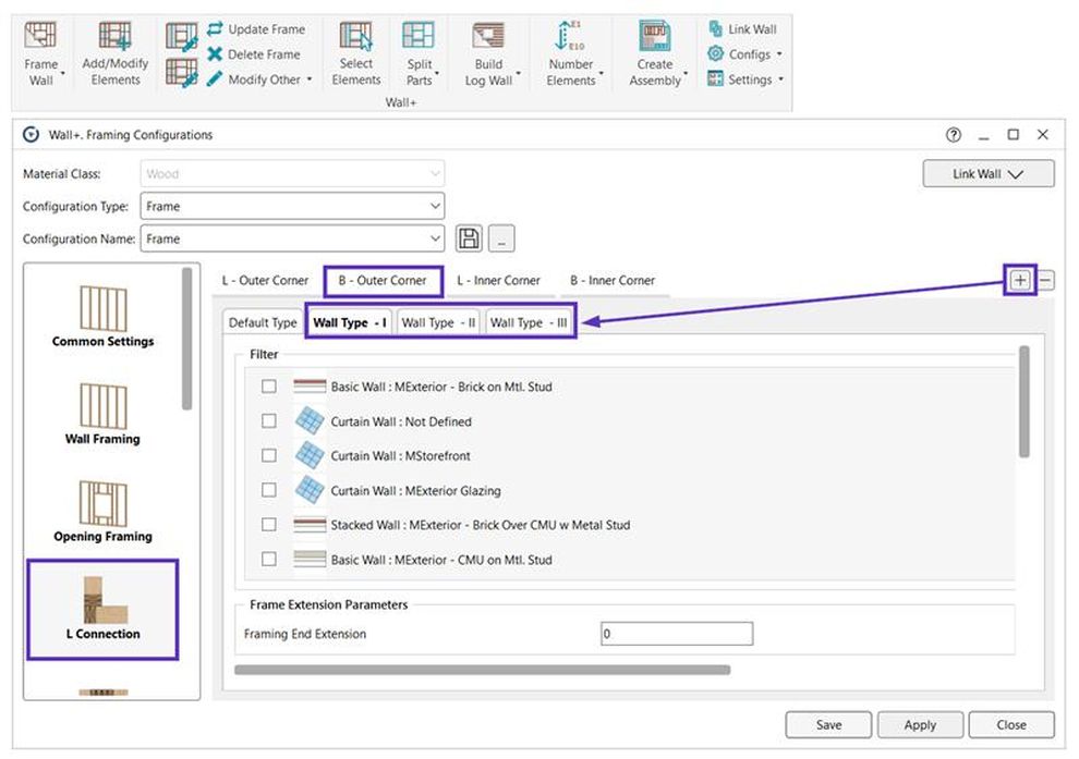 Wall framing configuration interface showing wood material, frame type selection, wall types I-III, and L Connection with options to apply settings.