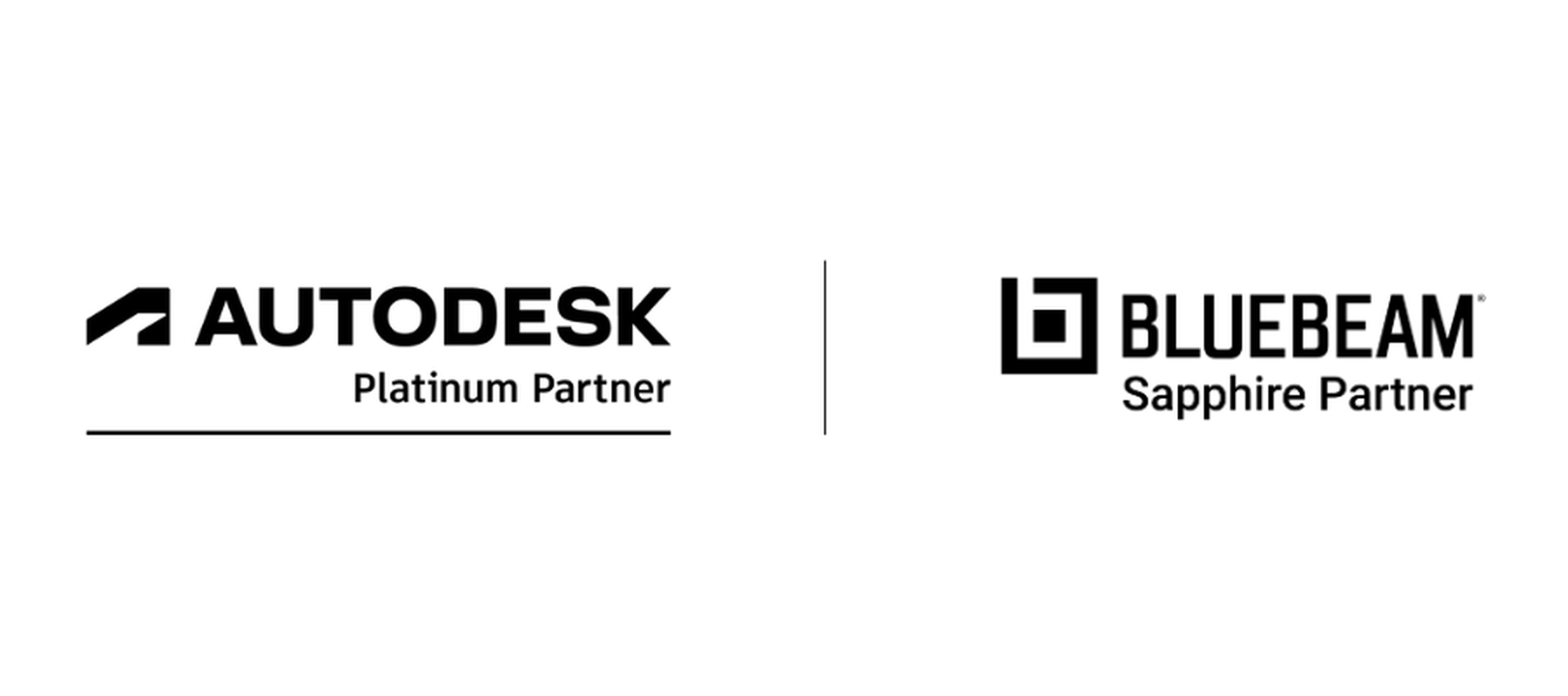 Logos of Autodesk Platinum Partner and Bluebeam Sapphire Partner on a white background, separated by a vertical line.