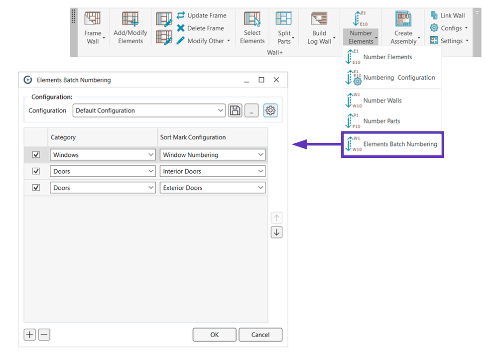 Interface showing "Elements Batch Numbering" window with configuration for windows and doors, accessible via menu toolbar.