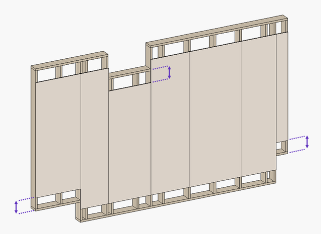 Offsets for the sheathing can be seen at the top and bottom of the wall frame