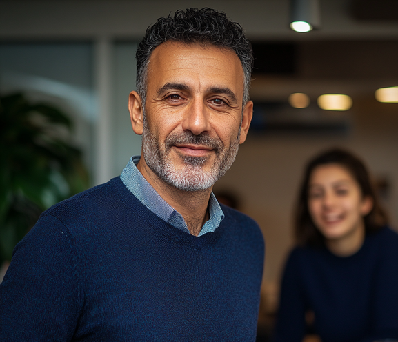 Beyaz arka planlı parlak stüdyoda yeşil kazaklı gülümseyen genç kadın