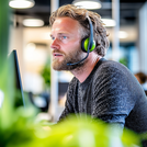 Customer service agent with headset working focused in a bright and green office