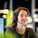 Klantenservicemedewerker met headset helpt klant in kleurrijk kantoor met groene accenten