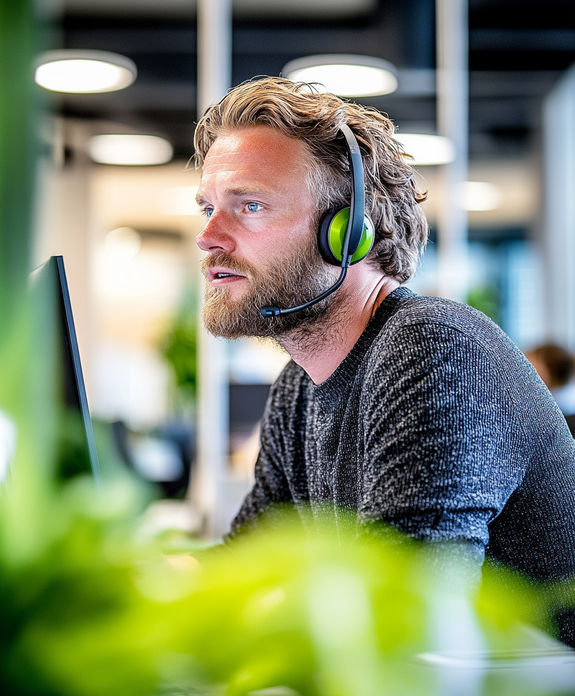 Klantenservice medewerker met headset werkt geconcentreerd in licht en groen kantoor