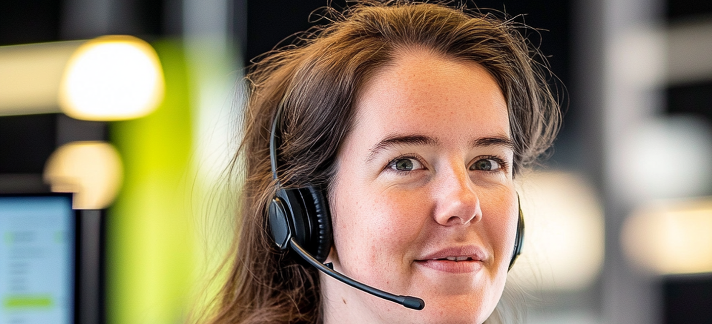 A woman wearing a headset, sitting at a desk in an office, looks towards the camera with a slight smile.