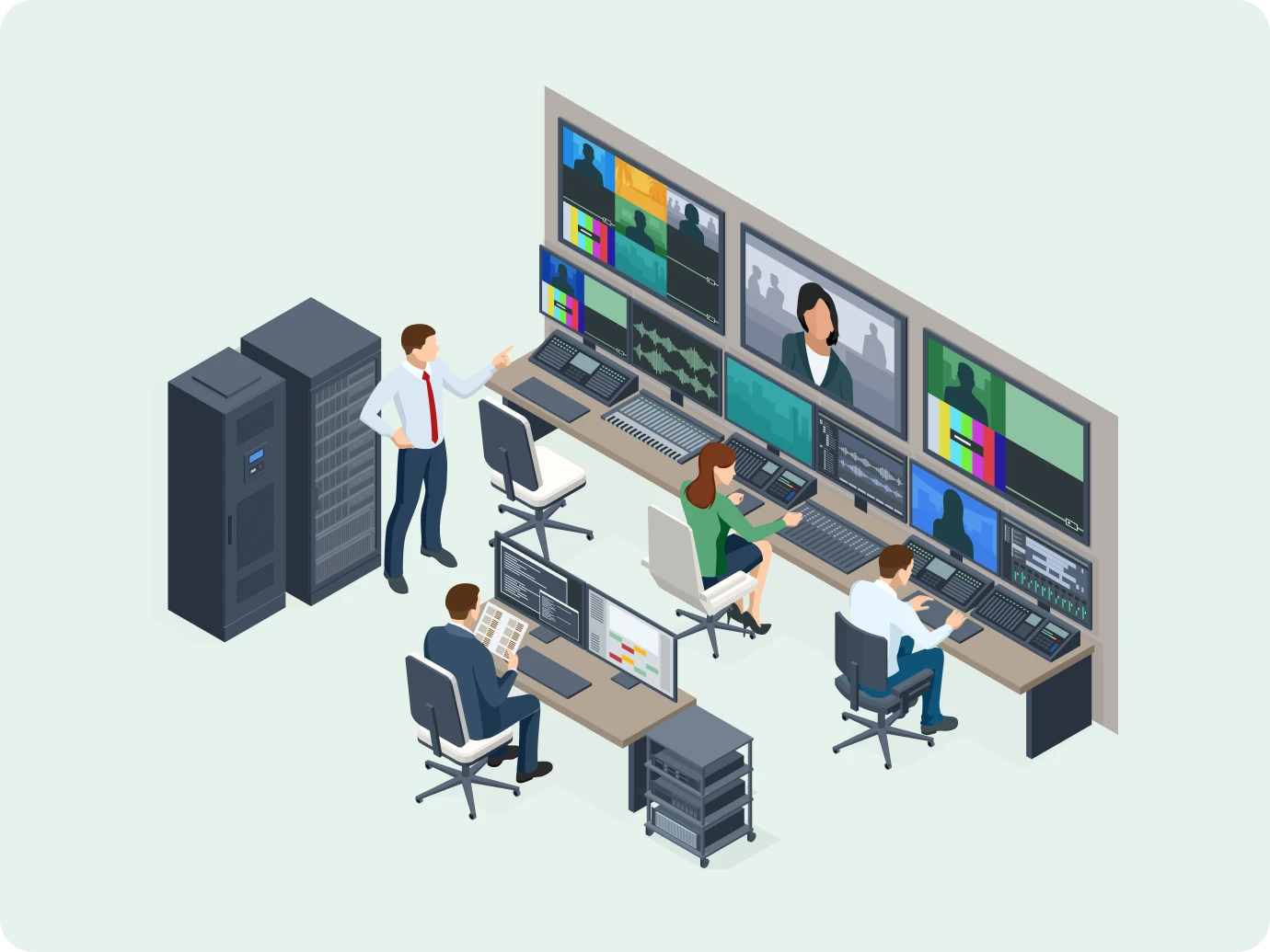 Isometric illustration of a control room with people at desks, multiple screens displaying video feeds, and a server rack in the background. Representing German broadcasters streaming live world cup footage to the German public from the US.