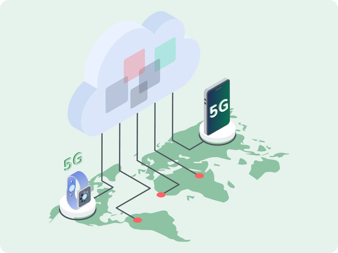 Illustration of a cloud connected to smartphone and smartwatch devices via 5G, displayed over a world map, symbolizing global 5G connectivity and technology integration.