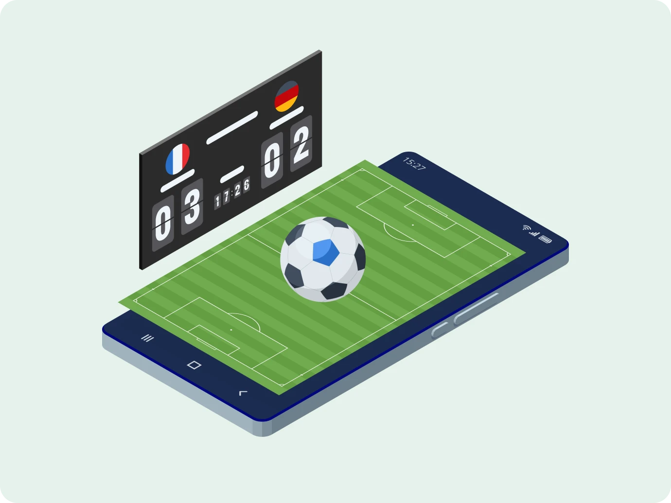 Isometric smartphone displaying a soccer field and ball, showing a score of 3-2 between France and Germany on a digital scoreboard.