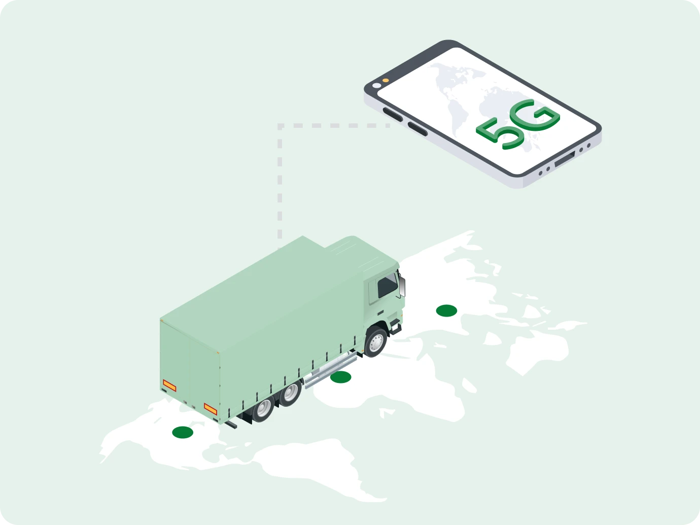 Illustration of a green truck on a world map with a smartphone displaying "5G," indicating global fleet logistics and connectivity.
